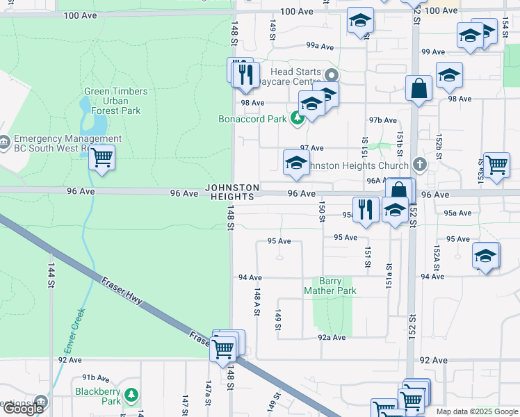 map of restaurants, bars, coffee shops, grocery stores, and more near 14865 95A Avenue in Surrey