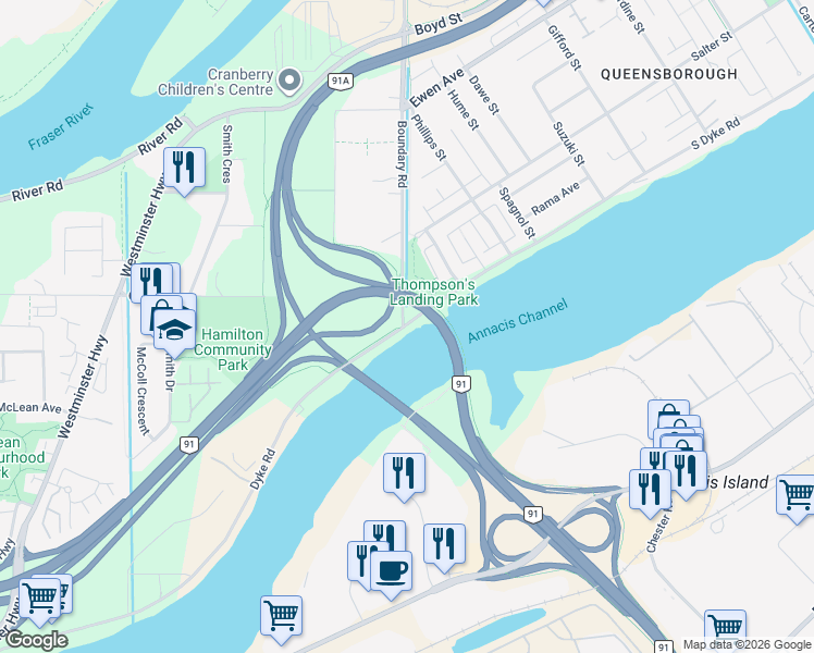 map of restaurants, bars, coffee shops, grocery stores, and more near 1465 S Dyke Rd in New Westminster
