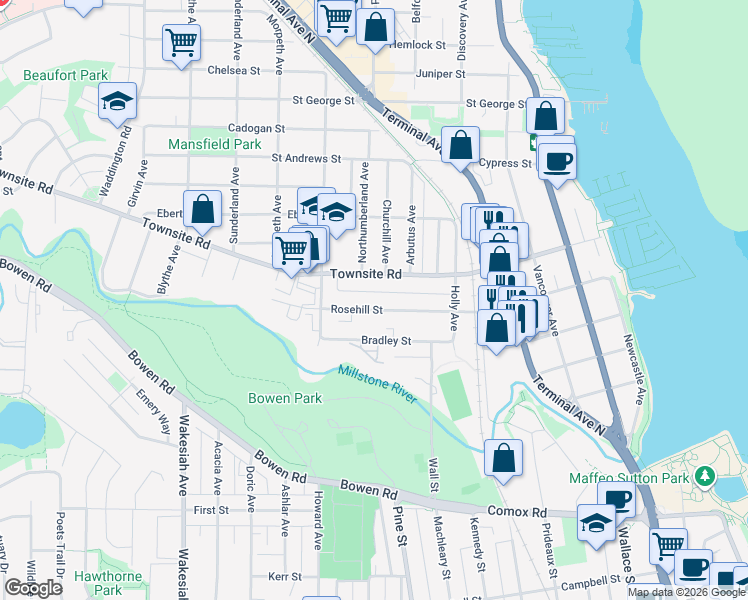 map of restaurants, bars, coffee shops, grocery stores, and more near 564 Rosehill Street in Nanaimo