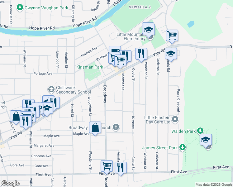 map of restaurants, bars, coffee shops, grocery stores, and more near 9598 Johnson Street in Chilliwack