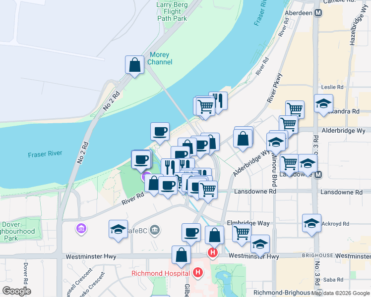 map of restaurants, bars, coffee shops, grocery stores, and more near 6811 Pearson Way in Richmond