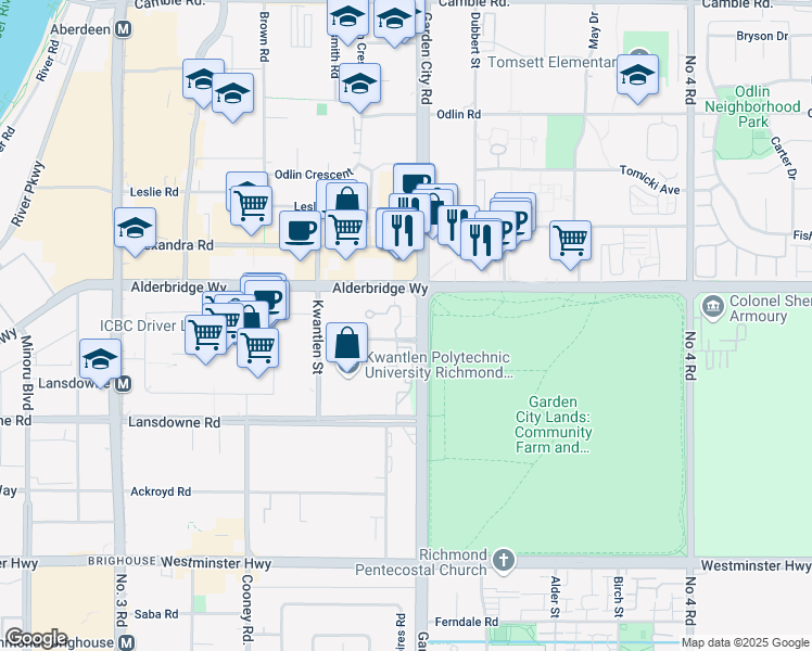 map of restaurants, bars, coffee shops, grocery stores, and more near 5133 Garden City Road in Richmond