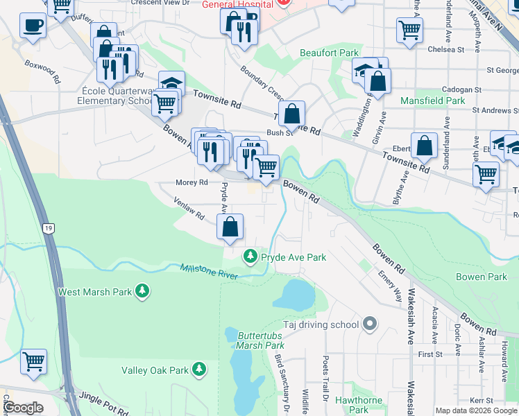 map of restaurants, bars, coffee shops, grocery stores, and more near 195 Adams Avenue in Nanaimo