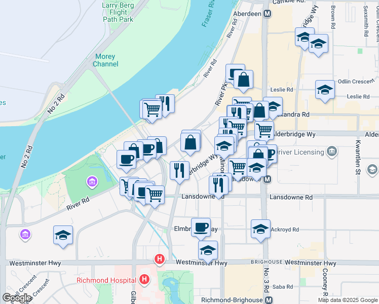 map of restaurants, bars, coffee shops, grocery stores, and more near in Richmond