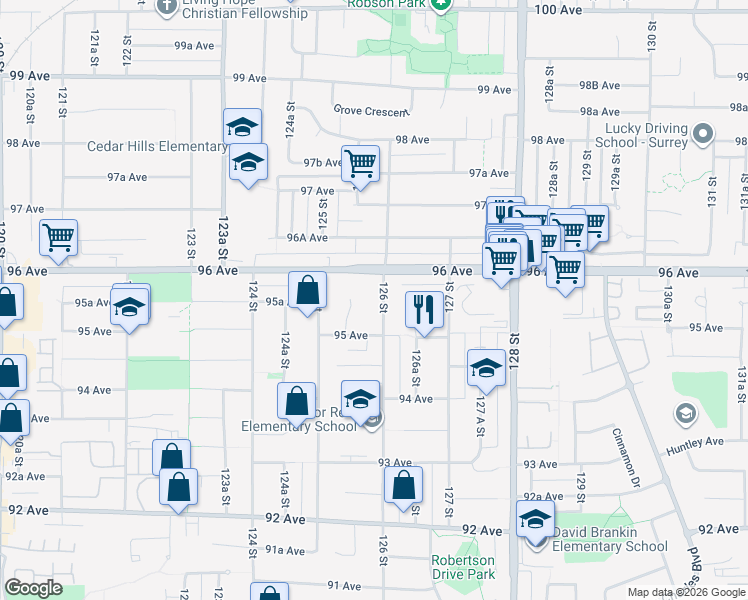 map of restaurants, bars, coffee shops, grocery stores, and more near 9555 126 Street in Surrey