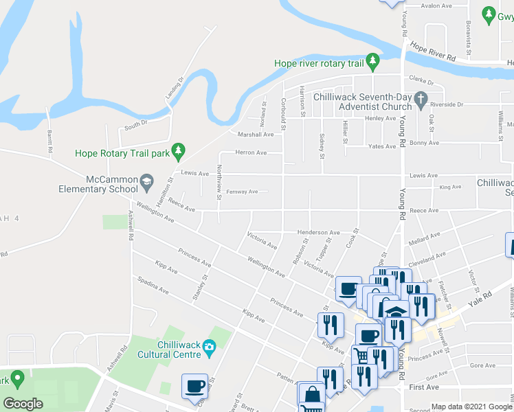 map of restaurants, bars, coffee shops, grocery stores, and more near 45647 Reece Avenue in Chilliwack