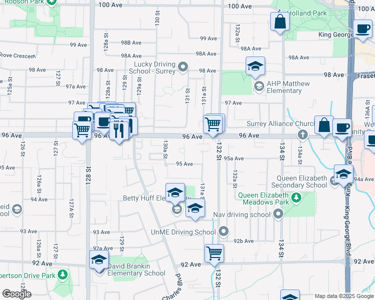 map of restaurants, bars, coffee shops, grocery stores, and more near 9560 Oban Place in Surrey