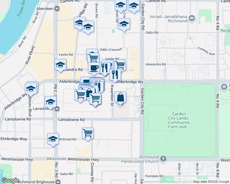 map of restaurants, bars, coffee shops, grocery stores, and more near 5088 Kwantlen Street in Richmond