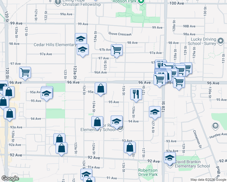 map of restaurants, bars, coffee shops, grocery stores, and more near 9590 125A Street in Surrey