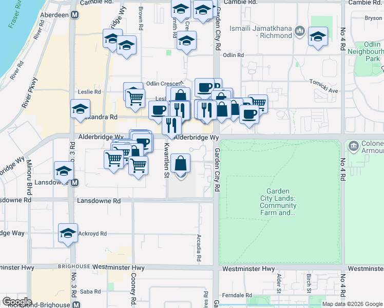 map of restaurants, bars, coffee shops, grocery stores, and more near 5111 Garden City Road in Richmond