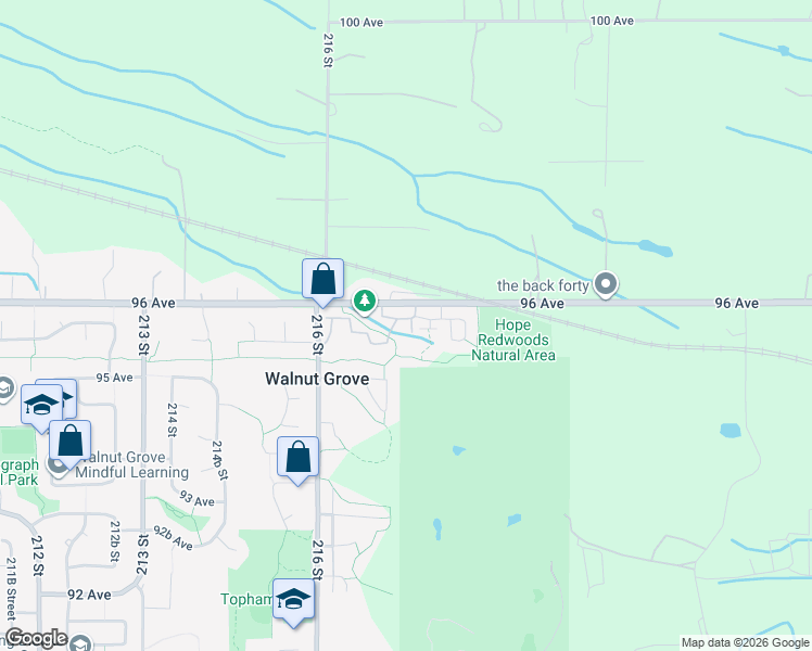 map of restaurants, bars, coffee shops, grocery stores, and more near 21704 96 Avenue in Langley Township
