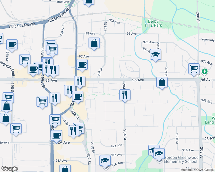 map of restaurants, bars, coffee shops, grocery stores, and more near Langley Lane Greenway in Langley City