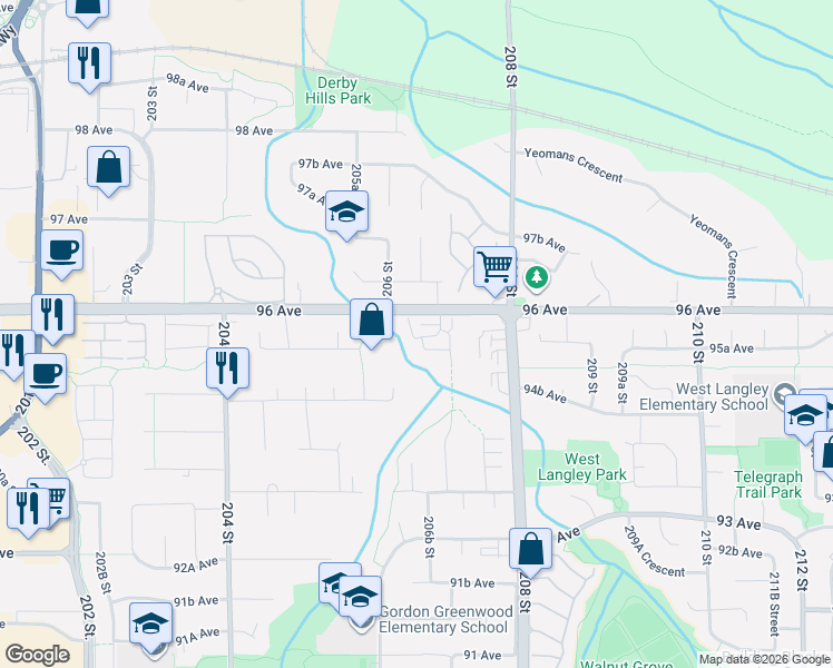 map of restaurants, bars, coffee shops, grocery stores, and more near 9561 207 Street in Langley