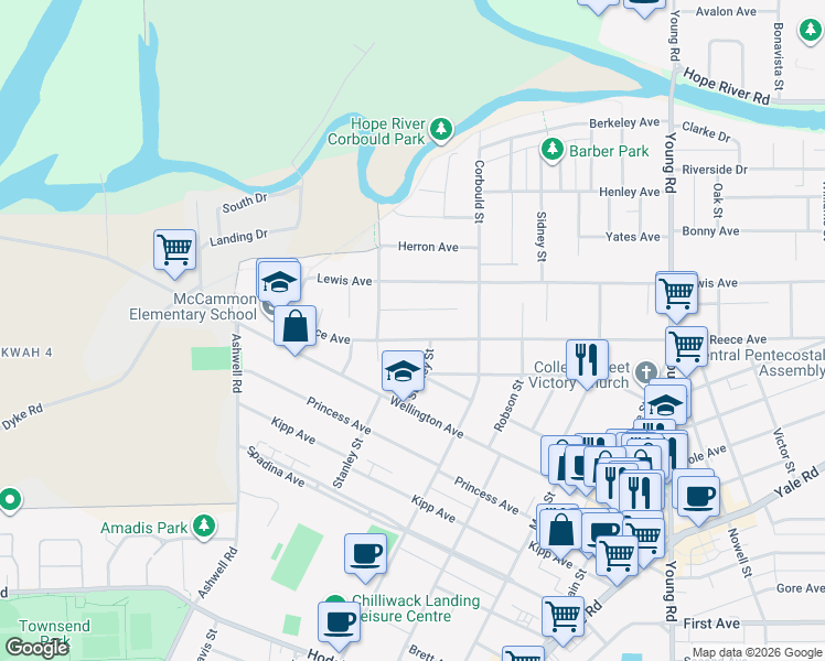 map of restaurants, bars, coffee shops, grocery stores, and more near 45603 Reece Avenue in Chilliwack