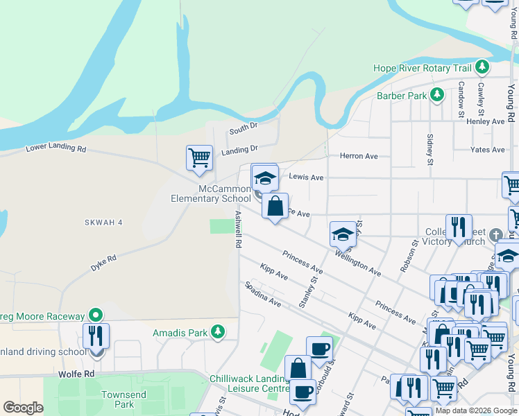 map of restaurants, bars, coffee shops, grocery stores, and more near 45407 Wellington Avenue in Chilliwack