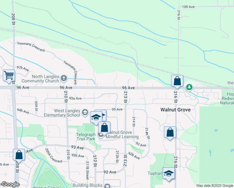 map of restaurants, bars, coffee shops, grocery stores, and more near 95A Avenue in Langley