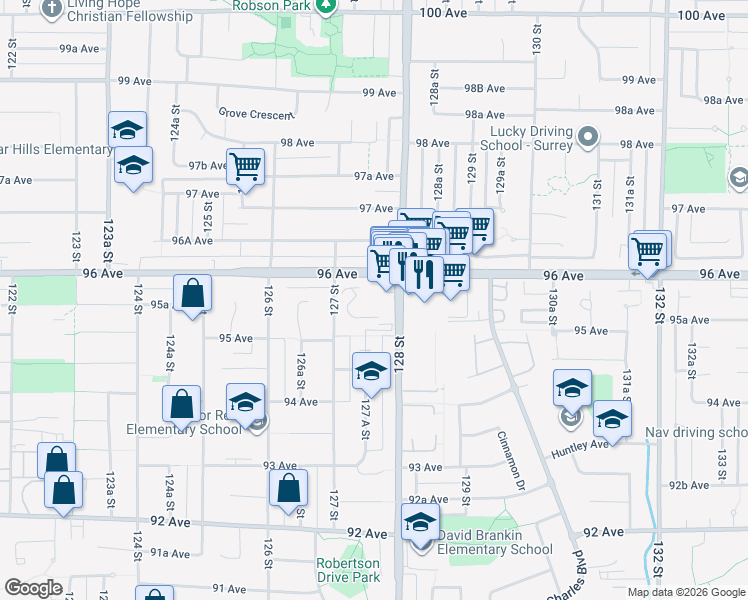map of restaurants, bars, coffee shops, grocery stores, and more near 9555 128 Street in Surrey