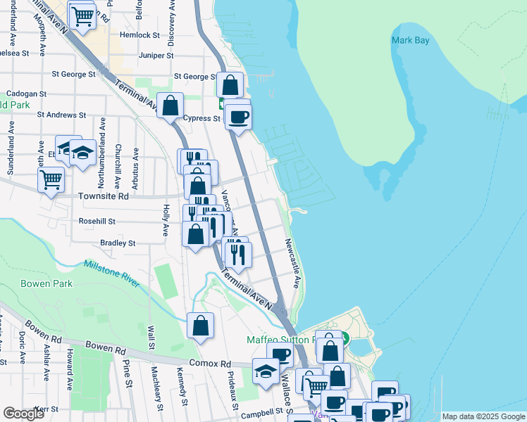 map of restaurants, bars, coffee shops, grocery stores, and more near 350 Trans-Canada Highway in Nanaimo