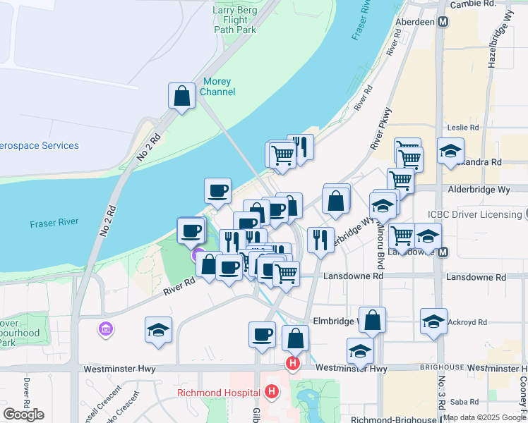 map of restaurants, bars, coffee shops, grocery stores, and more near 6855 Pearson Way in Richmond