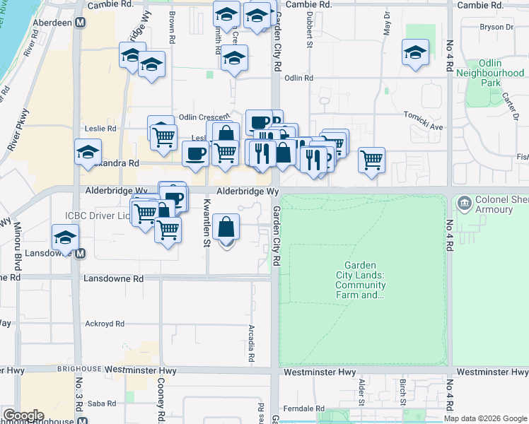 map of restaurants, bars, coffee shops, grocery stores, and more near 5133 Garden City Road in Richmond