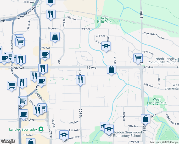 map of restaurants, bars, coffee shops, grocery stores, and more near 9564 204A Street in Langley City