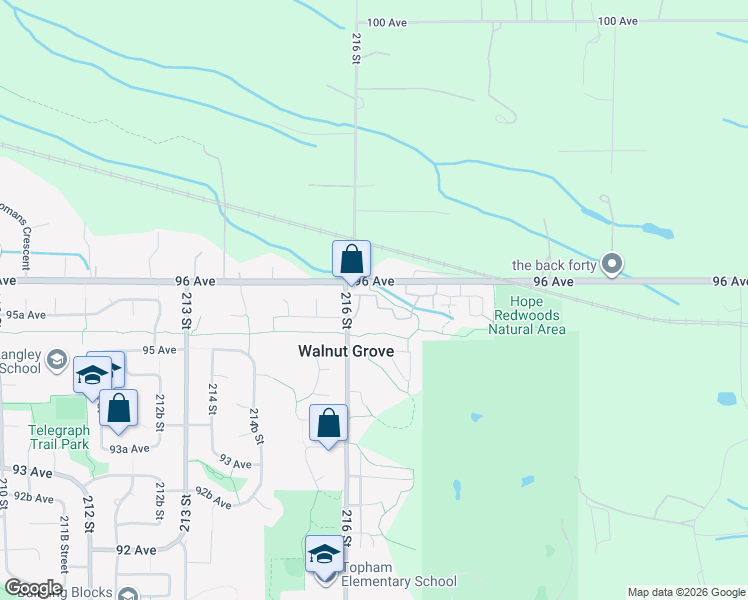 map of restaurants, bars, coffee shops, grocery stores, and more near 9590 216 Street in Langley Township