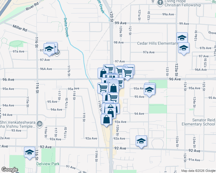 map of restaurants, bars, coffee shops, grocery stores, and more near 9537 120 Street in Delta