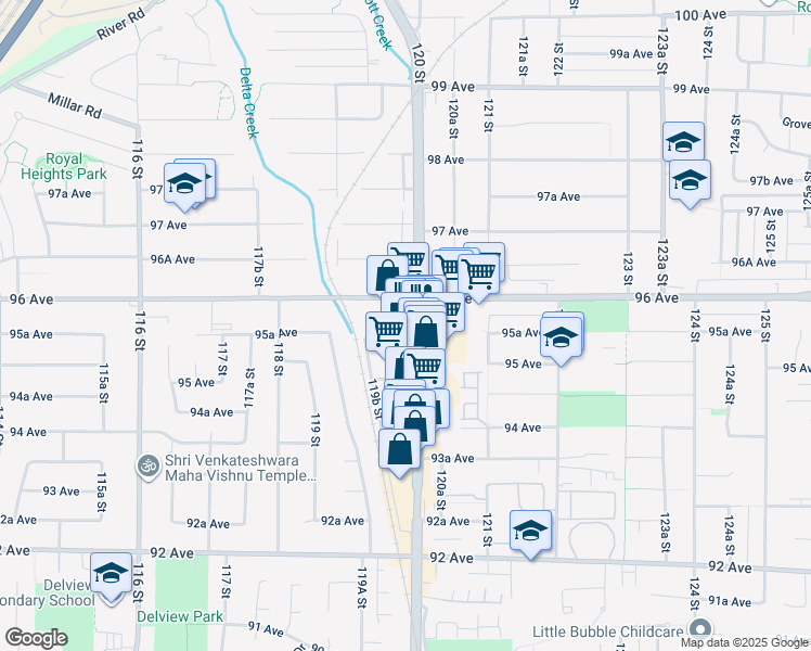 map of restaurants, bars, coffee shops, grocery stores, and more near 9537 120 Street in Delta