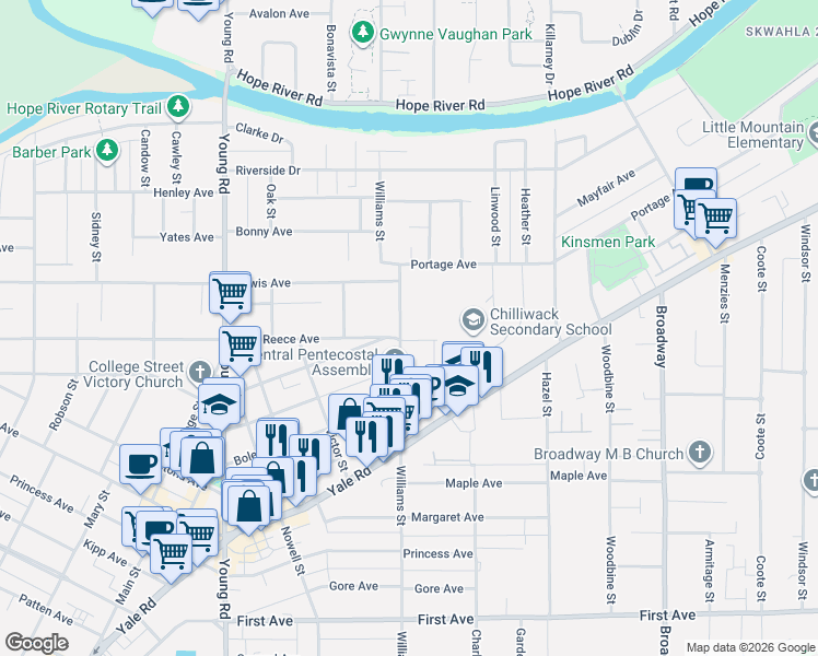 map of restaurants, bars, coffee shops, grocery stores, and more near 9586 Williams Street in Chilliwack