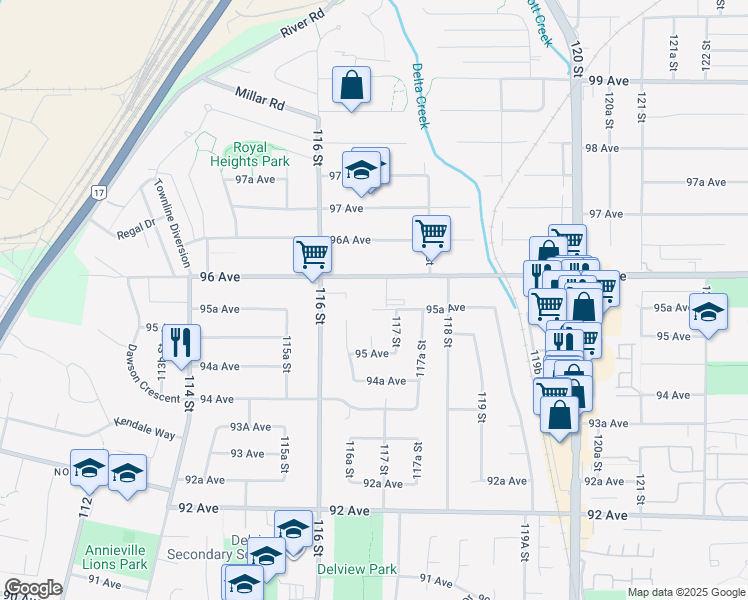map of restaurants, bars, coffee shops, grocery stores, and more near 11685 95A Avenue in Delta