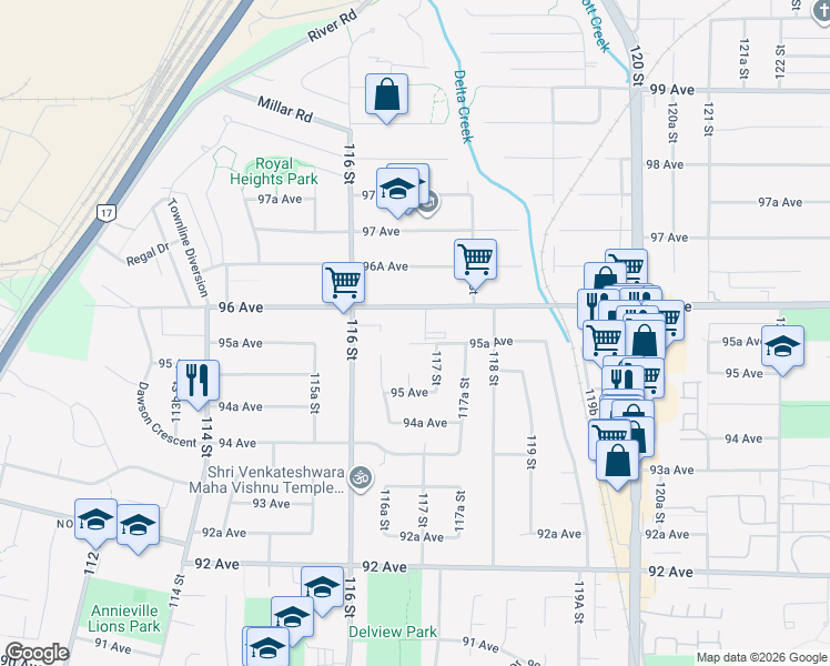 map of restaurants, bars, coffee shops, grocery stores, and more near 11693 95A Avenue in Delta