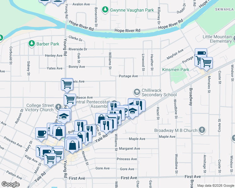 map of restaurants, bars, coffee shops, grocery stores, and more near 9586 Williams Street in Chilliwack
