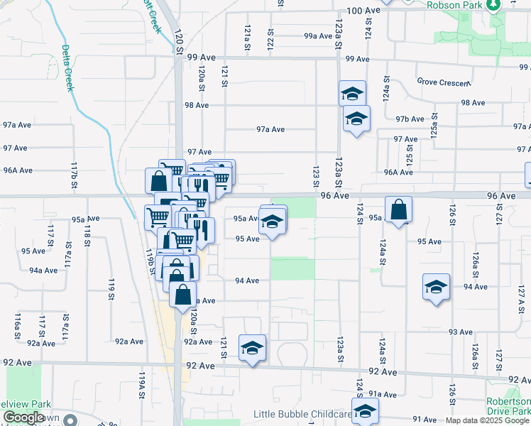 map of restaurants, bars, coffee shops, grocery stores, and more near 12197 95A Avenue in Surrey