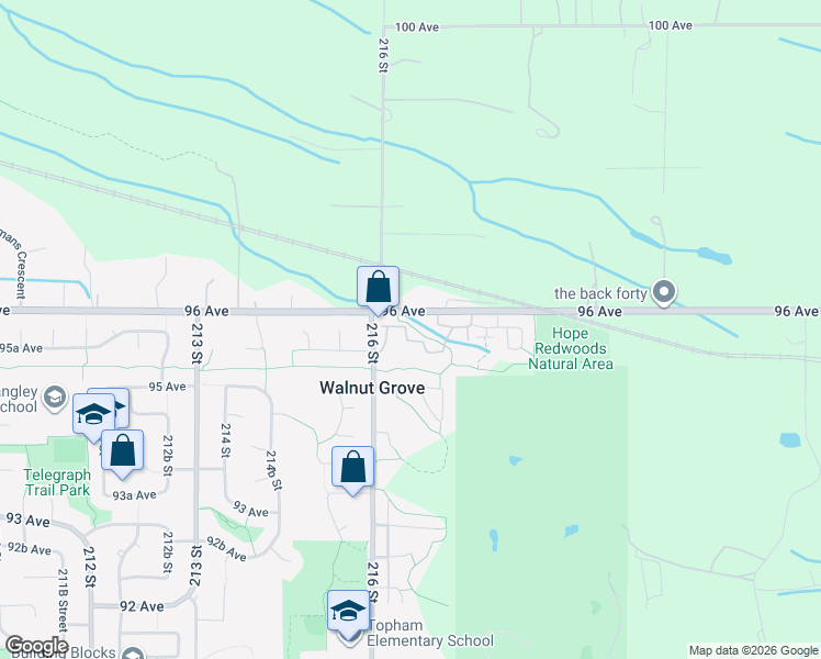 map of restaurants, bars, coffee shops, grocery stores, and more near 9590 216 Street in Langley