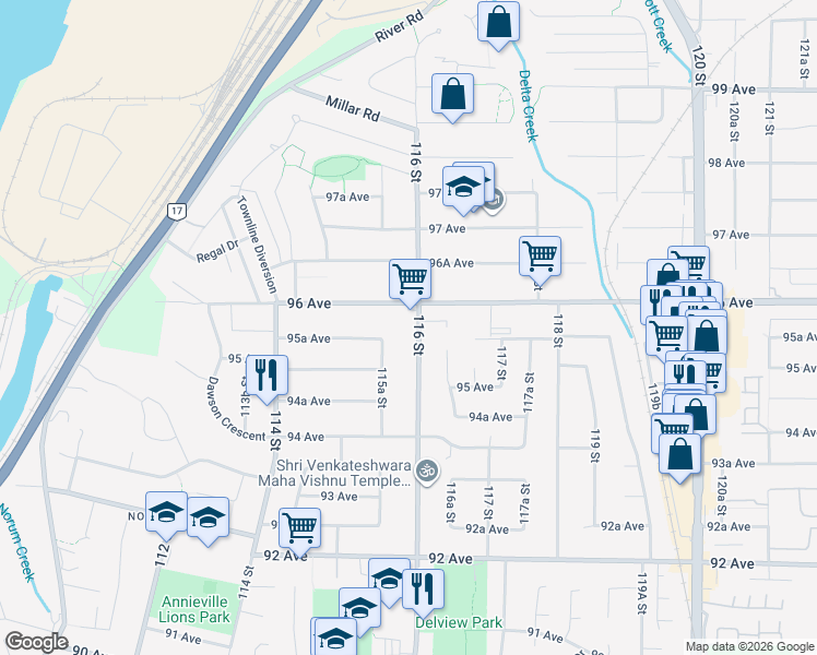 map of restaurants, bars, coffee shops, grocery stores, and more near 9565 116 Street in Delta