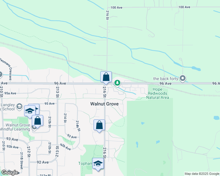map of restaurants, bars, coffee shops, grocery stores, and more near 9584 216 Street in Langley Township