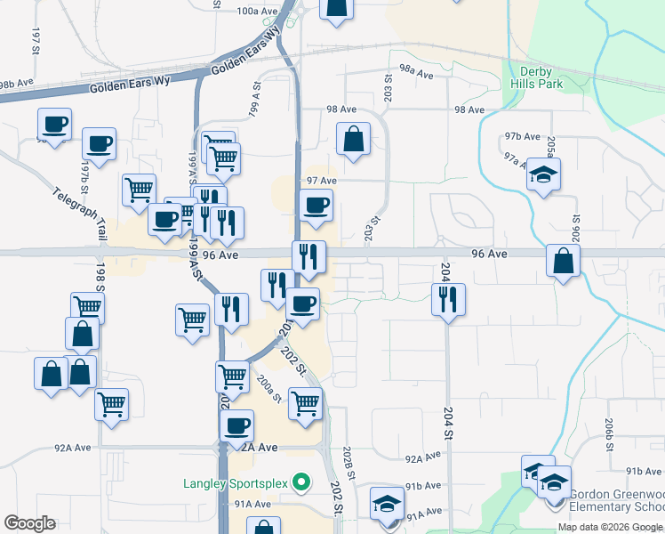 map of restaurants, bars, coffee shops, grocery stores, and more near 20222 96 Avenue in Langley Township