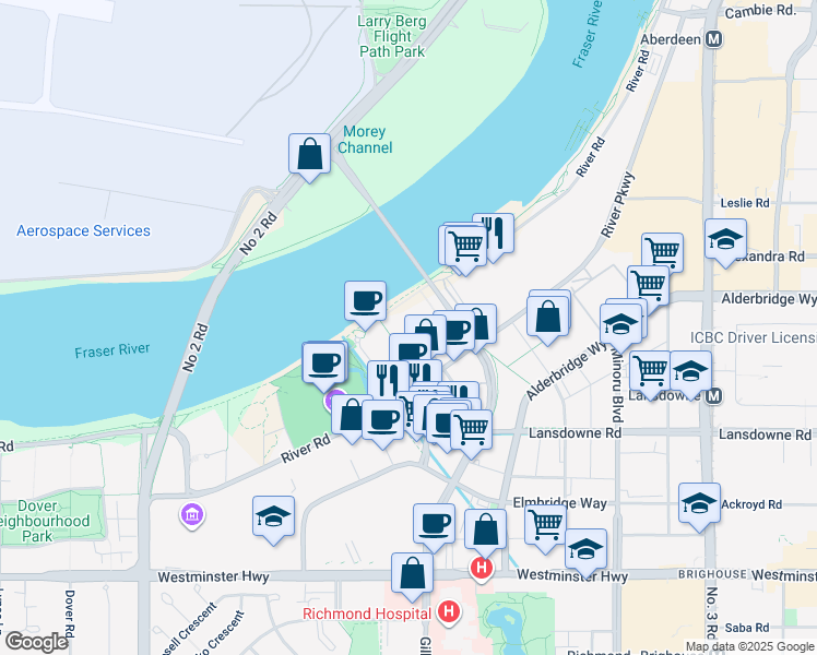 map of restaurants, bars, coffee shops, grocery stores, and more near 6811 Pearson Way in Richmond