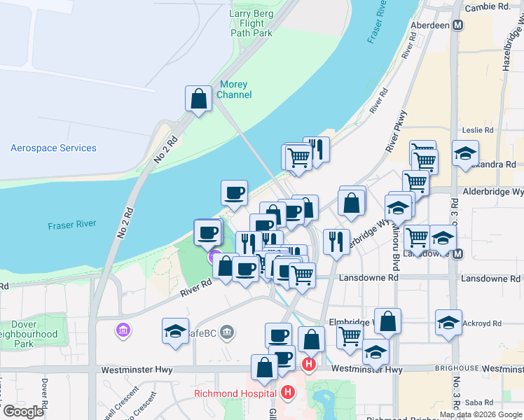 map of restaurants, bars, coffee shops, grocery stores, and more near 6811 Pearson Way in Richmond