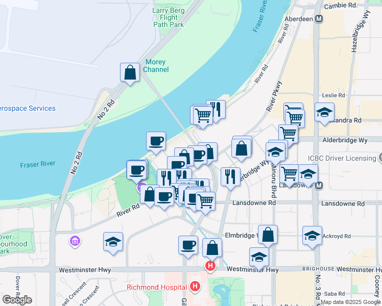 map of restaurants, bars, coffee shops, grocery stores, and more near 6833 Pearson Way in Richmond