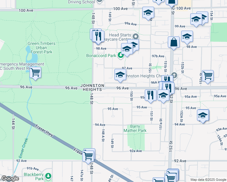 map of restaurants, bars, coffee shops, grocery stores, and more near 14906 96 Avenue in Surrey