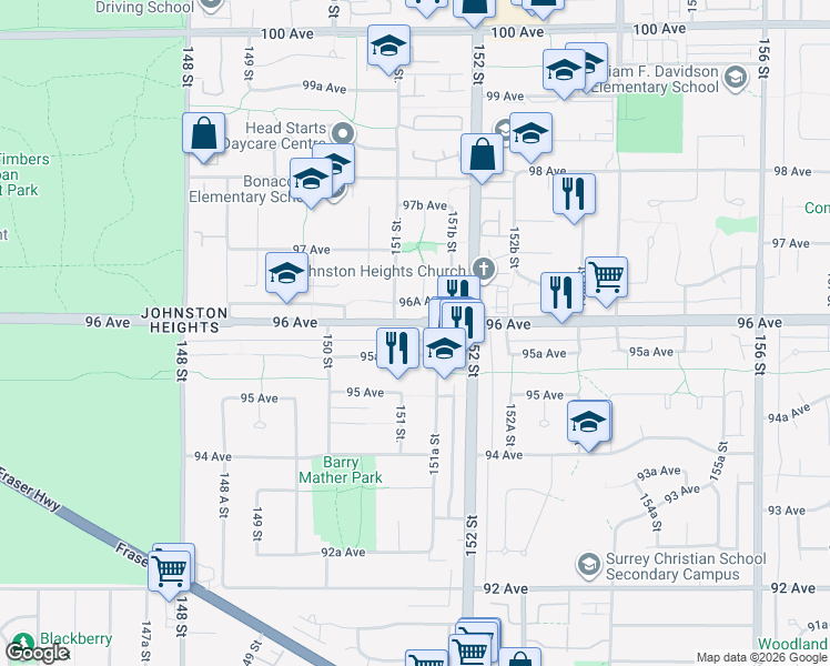 map of restaurants, bars, coffee shops, grocery stores, and more near in Surrey