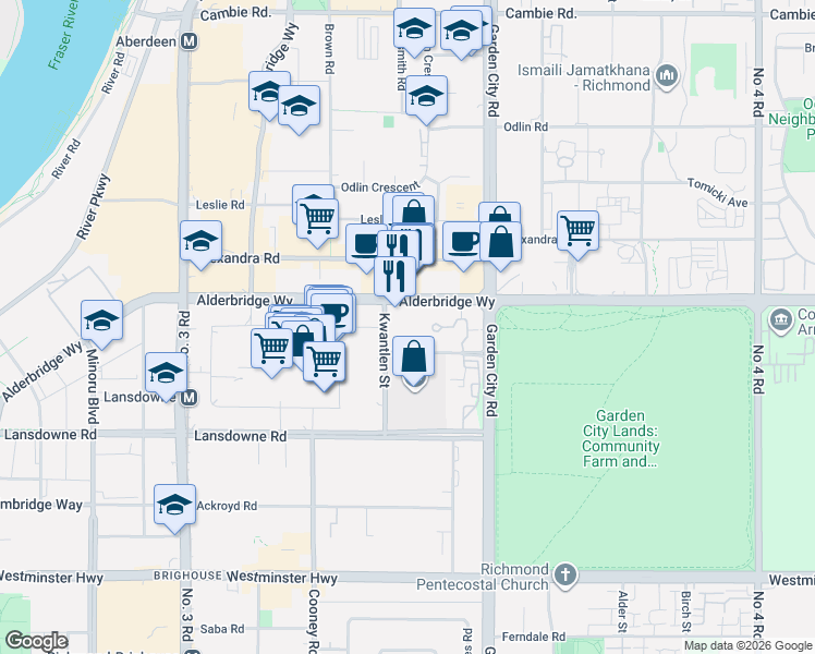 map of restaurants, bars, coffee shops, grocery stores, and more near 5068 Kwantlen Street in Richmond