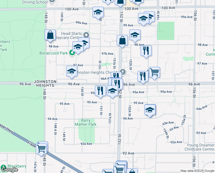 map of restaurants, bars, coffee shops, grocery stores, and more near 15128 96 Avenue in Surrey