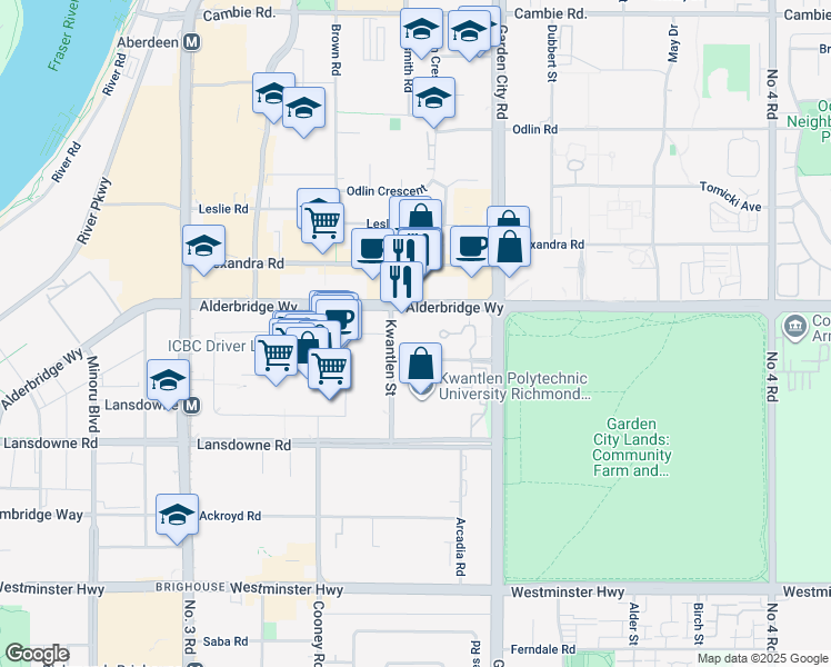 map of restaurants, bars, coffee shops, grocery stores, and more near 5068 Kwantlen Street in Richmond