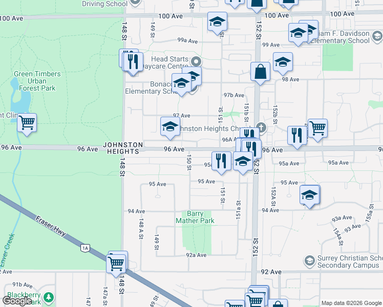 map of restaurants, bars, coffee shops, grocery stores, and more near 15007 95A Avenue in Surrey