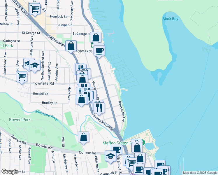 map of restaurants, bars, coffee shops, grocery stores, and more near 350 Trans-Canada Highway in Nanaimo