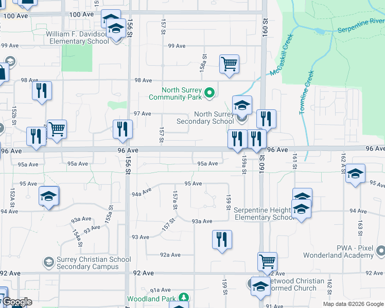 map of restaurants, bars, coffee shops, grocery stores, and more near 158 Street in Surrey