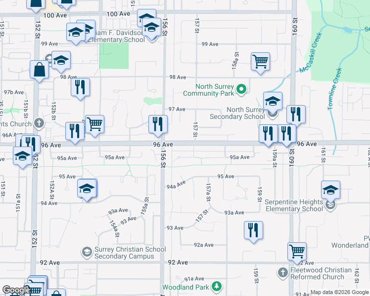map of restaurants, bars, coffee shops, grocery stores, and more near 15672 96 Avenue in Surrey