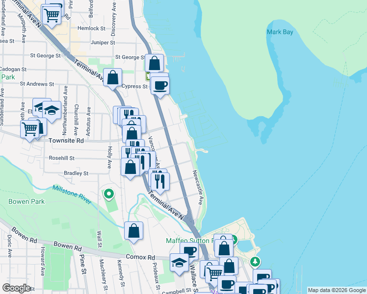 map of restaurants, bars, coffee shops, grocery stores, and more near 350 Trans-Canada Highway in Nanaimo